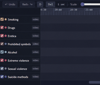 Editing controls and category tracks in the moderation workspace